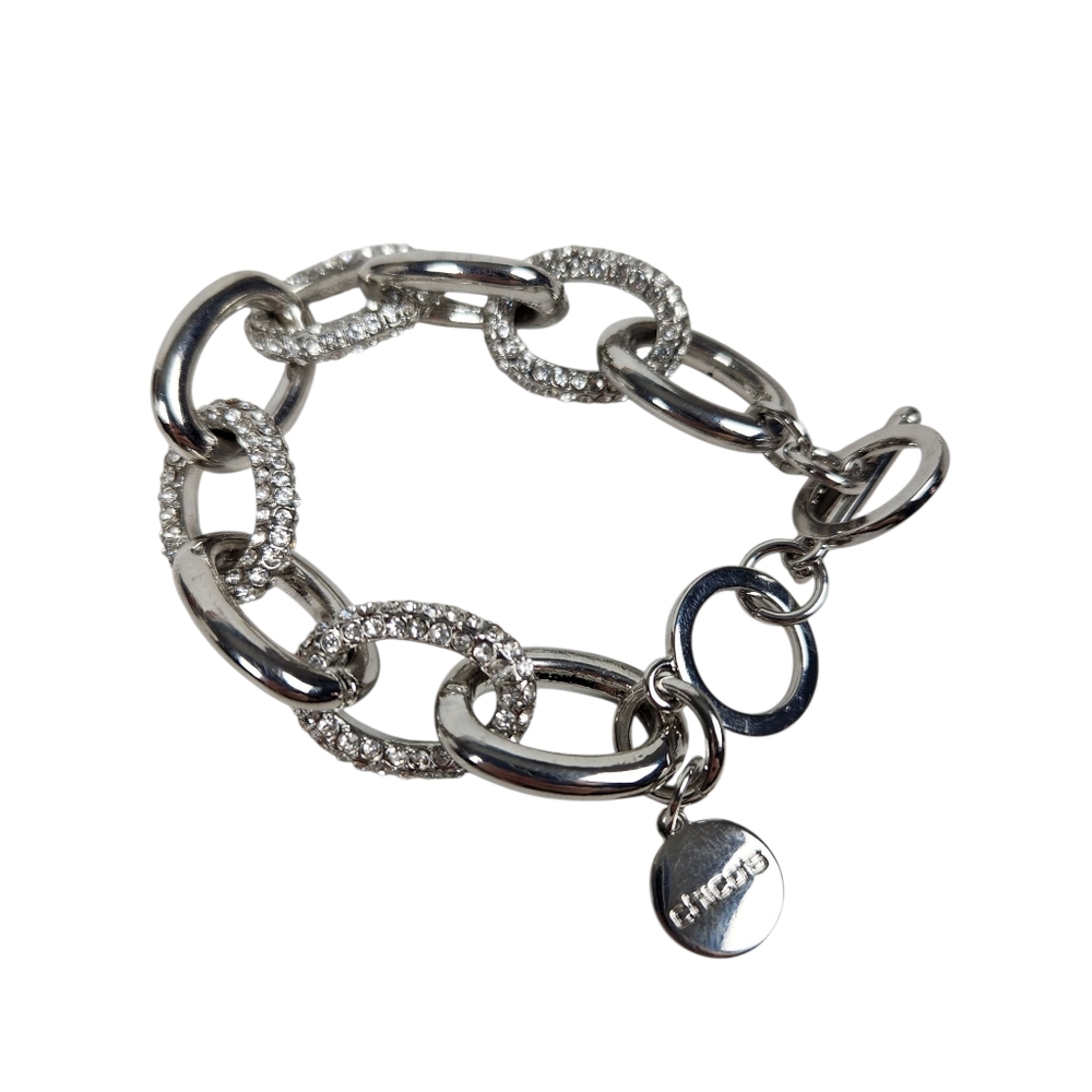 Chico's Pave Silver Crystal Chain Toggle Style Bracelet Charm Womens Jewelry